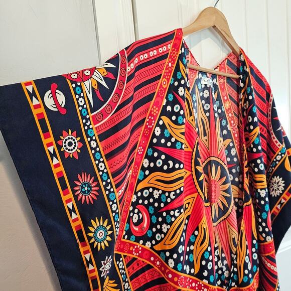 Floral Kimono Womens 2X Red Sun Moon Fringe Open Indie Relaxed Boho Festival - Picture 3 of 11